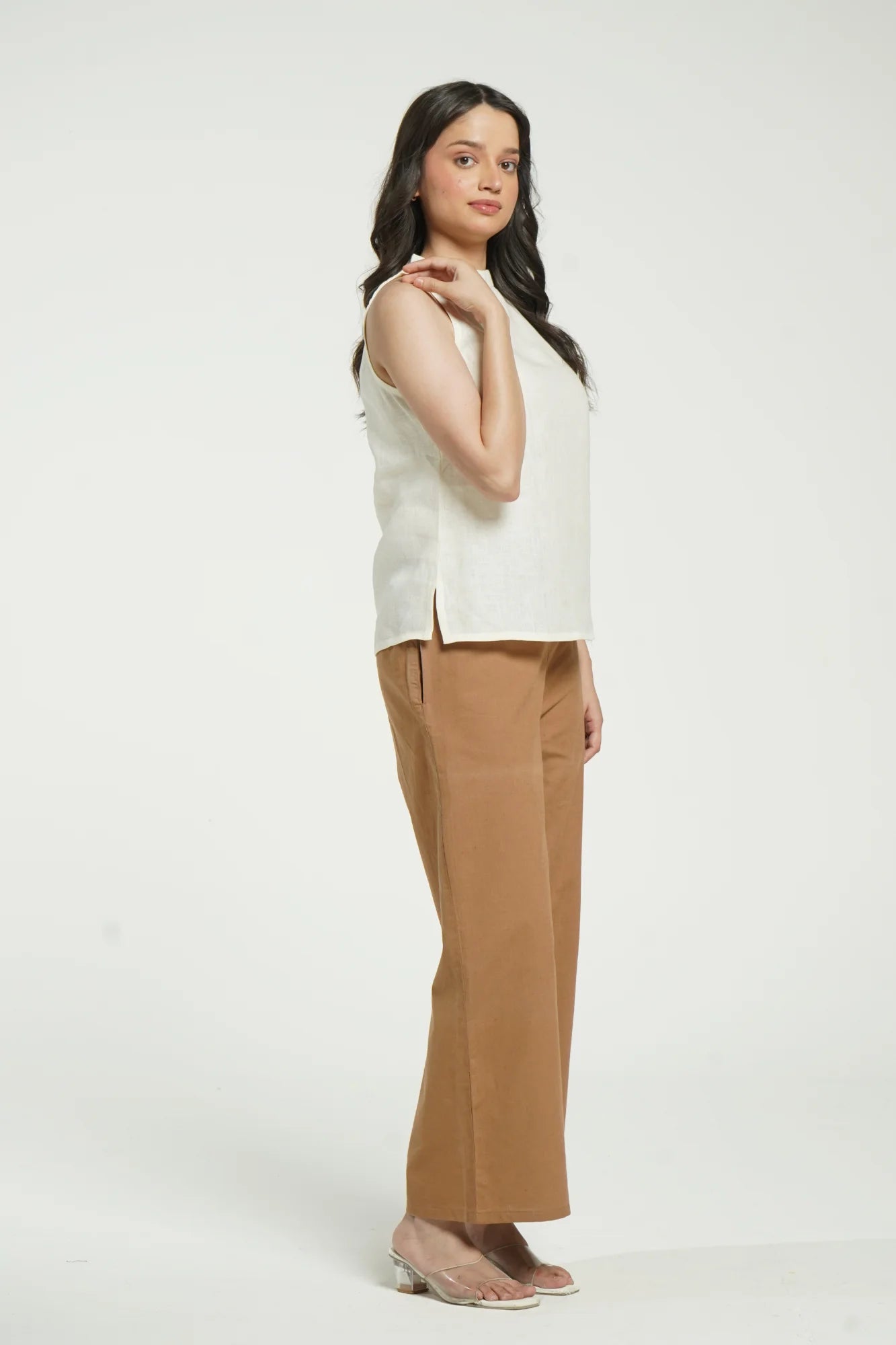 Women Cream Pure Linen Halter Neck Top