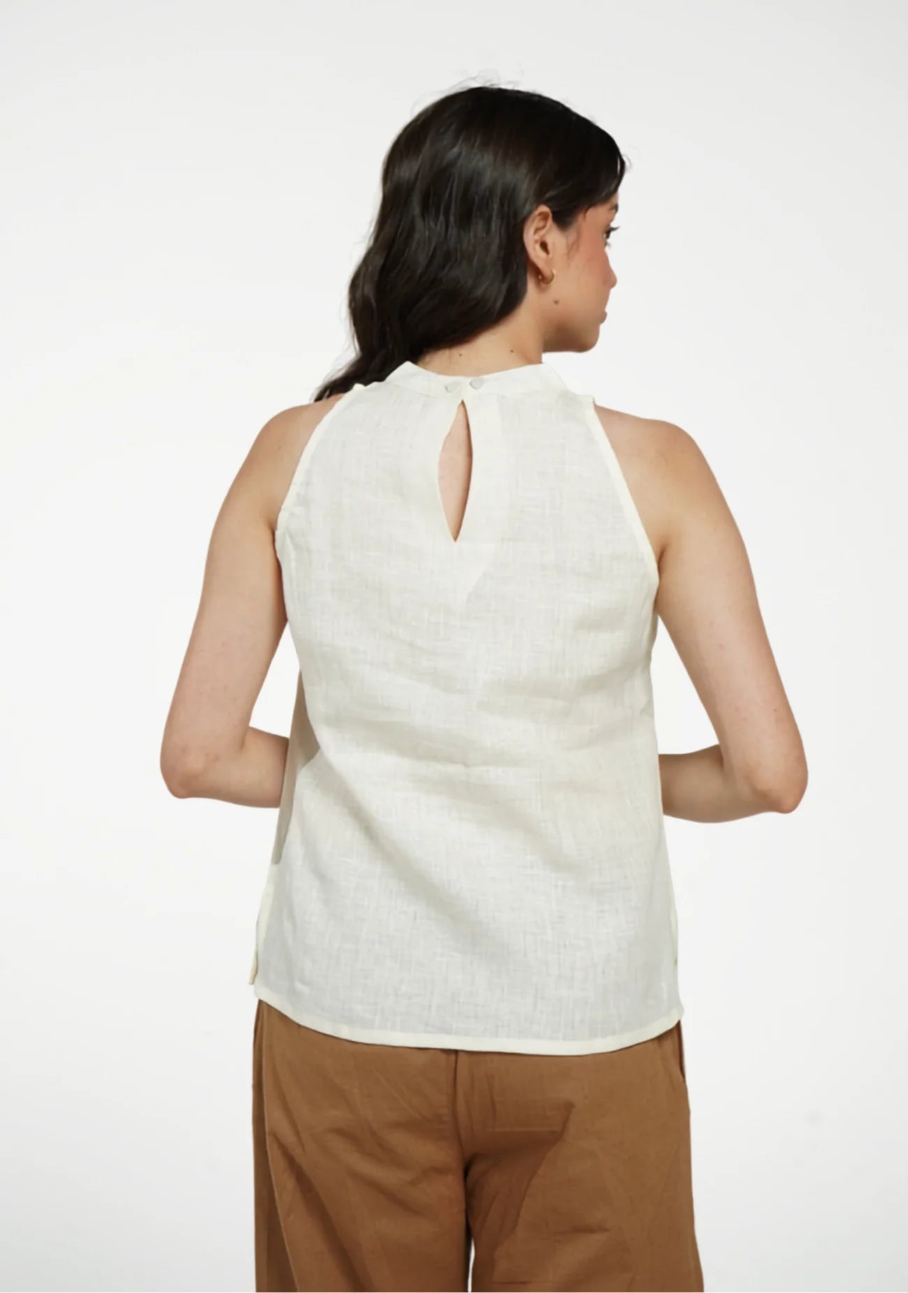 Women Cream Pure Linen Halter Neck Top