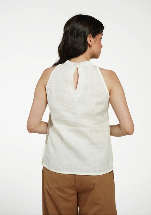 Women Cream Pure Linen Halter Neck Top