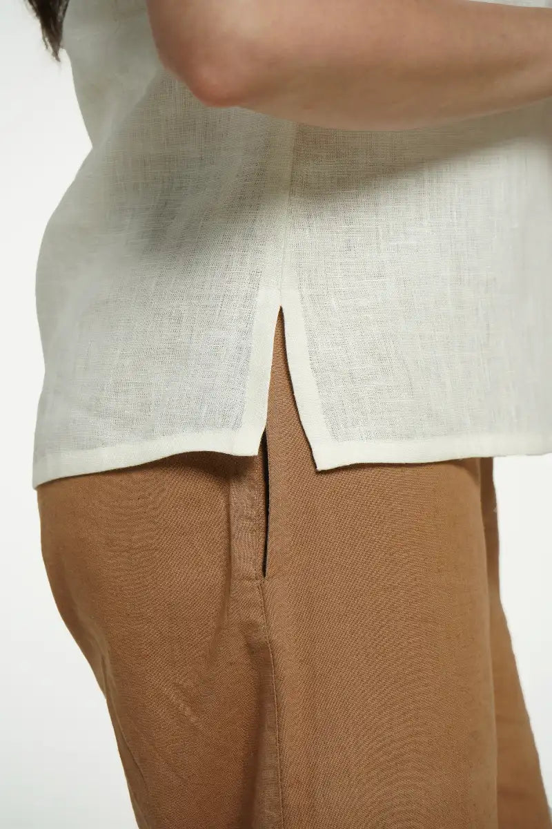 Women Cream Pure Linen Halter Neck Top