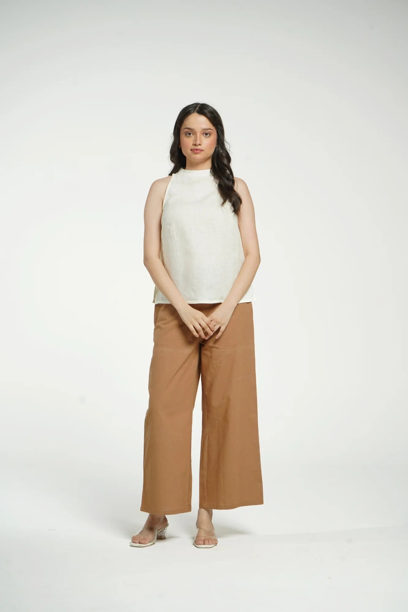 Women Cream Pure Linen Halter Neck Top