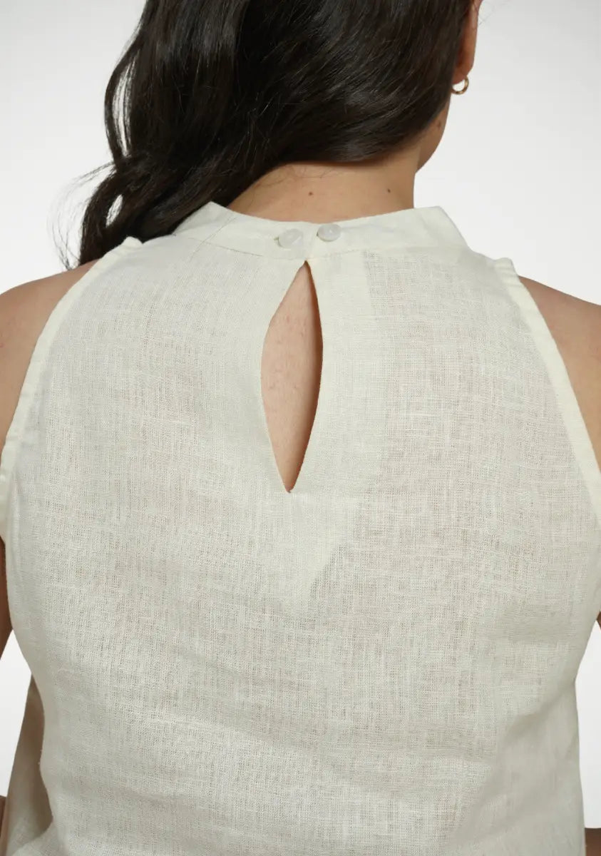 Women Cream Pure Linen Halter Neck Top