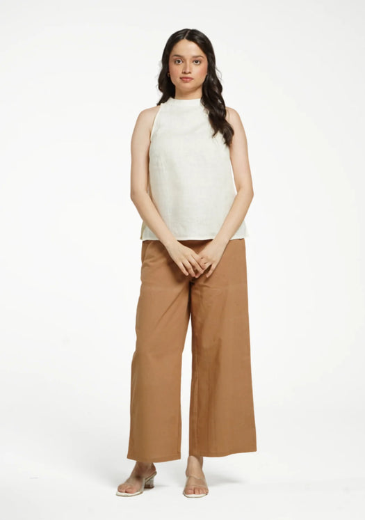 Women Cream Pure Linen Halter Neck Top