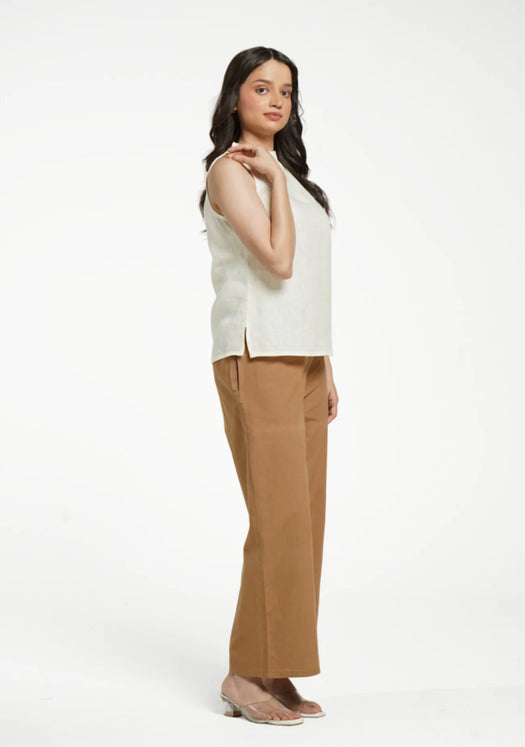 Women Cream Pure Linen Halter Neck Top