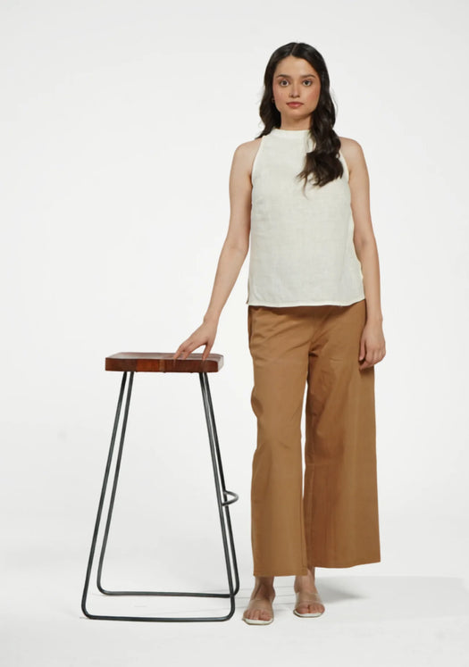 Women Cream Pure Linen Halter Neck Top