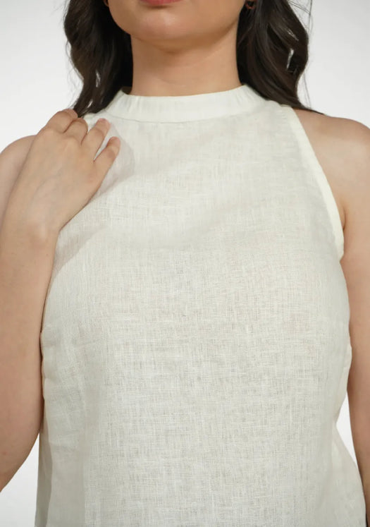 Women Cream Pure Linen Halter Neck Top
