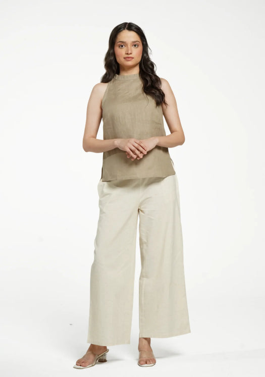 Women Khakhi Pure Linen Halter Neck Top