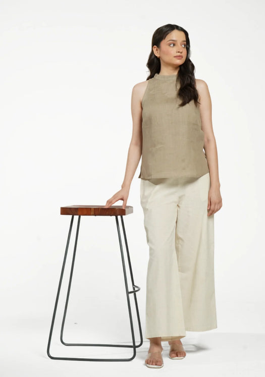 Women Khakhi Pure Linen Halter Neck Top