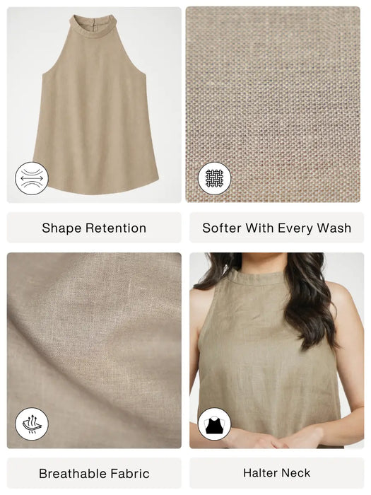 Women Khakhi Pure Linen Halter Neck Top