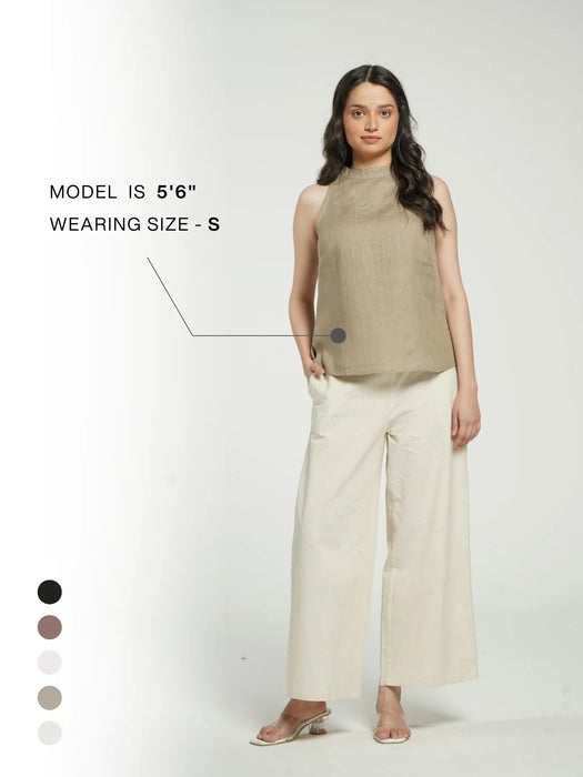 Women Khakhi Pure Linen Halter Neck Top