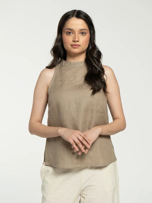 Women Khakhi Pure Linen Halter Neck Top