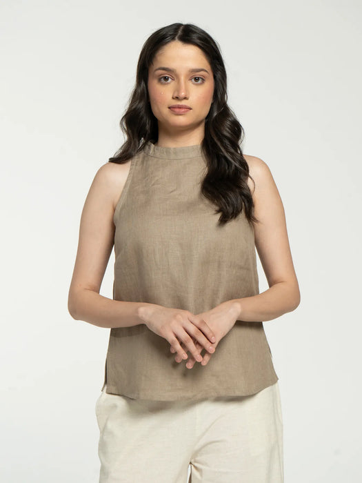 Women Khakhi Pure Linen Halter Neck Top