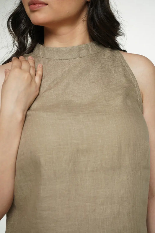 Women Khakhi Pure Linen Halter Neck Top