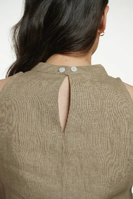 Women Khakhi Pure Linen Halter Neck Top