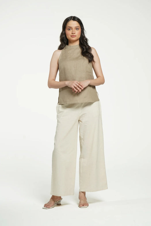 Women Khakhi Pure Linen Halter Neck Top