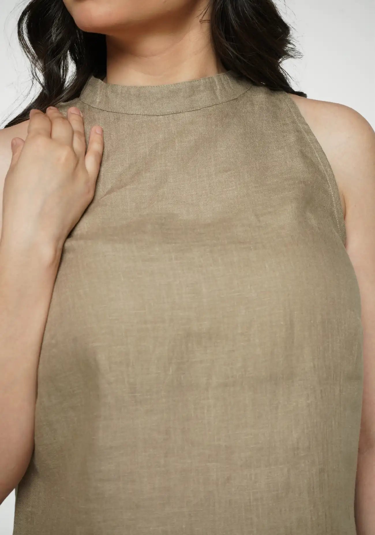 Women Khakhi Pure Linen Halter Neck Top
