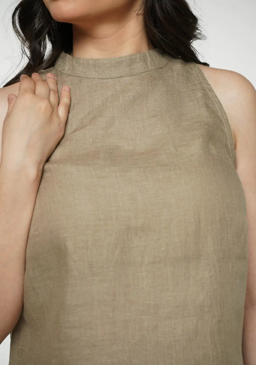 Women Khakhi Pure Linen Halter Neck Top