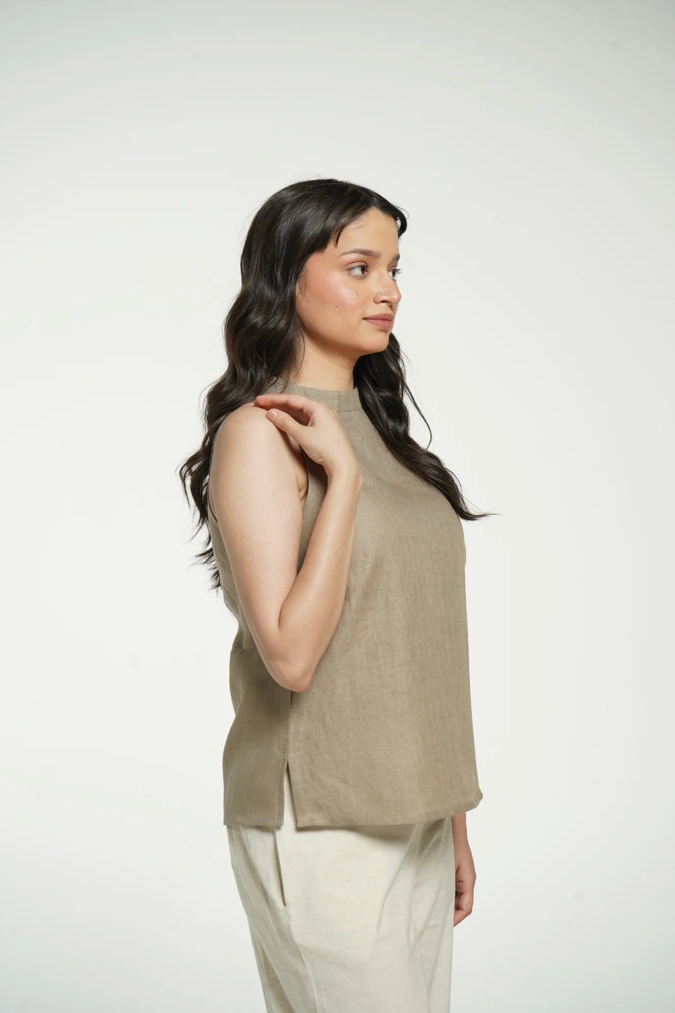 Women Khakhi Pure Linen Halter Neck Top