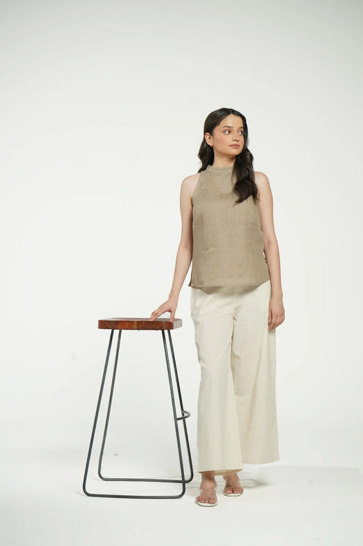 Women Khakhi Pure Linen Halter Neck Top
