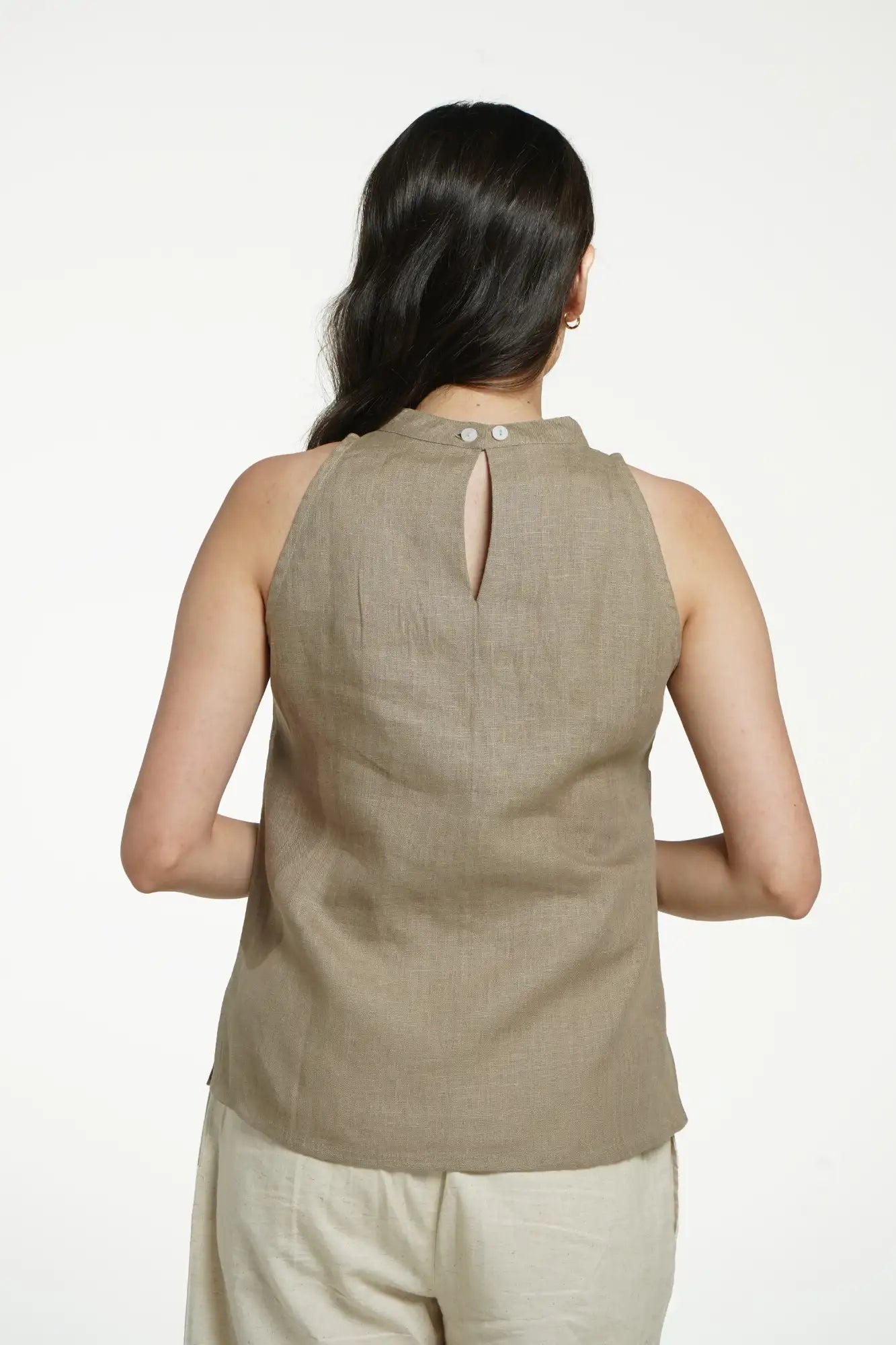 Women Khakhi Pure Linen Halter Neck Top