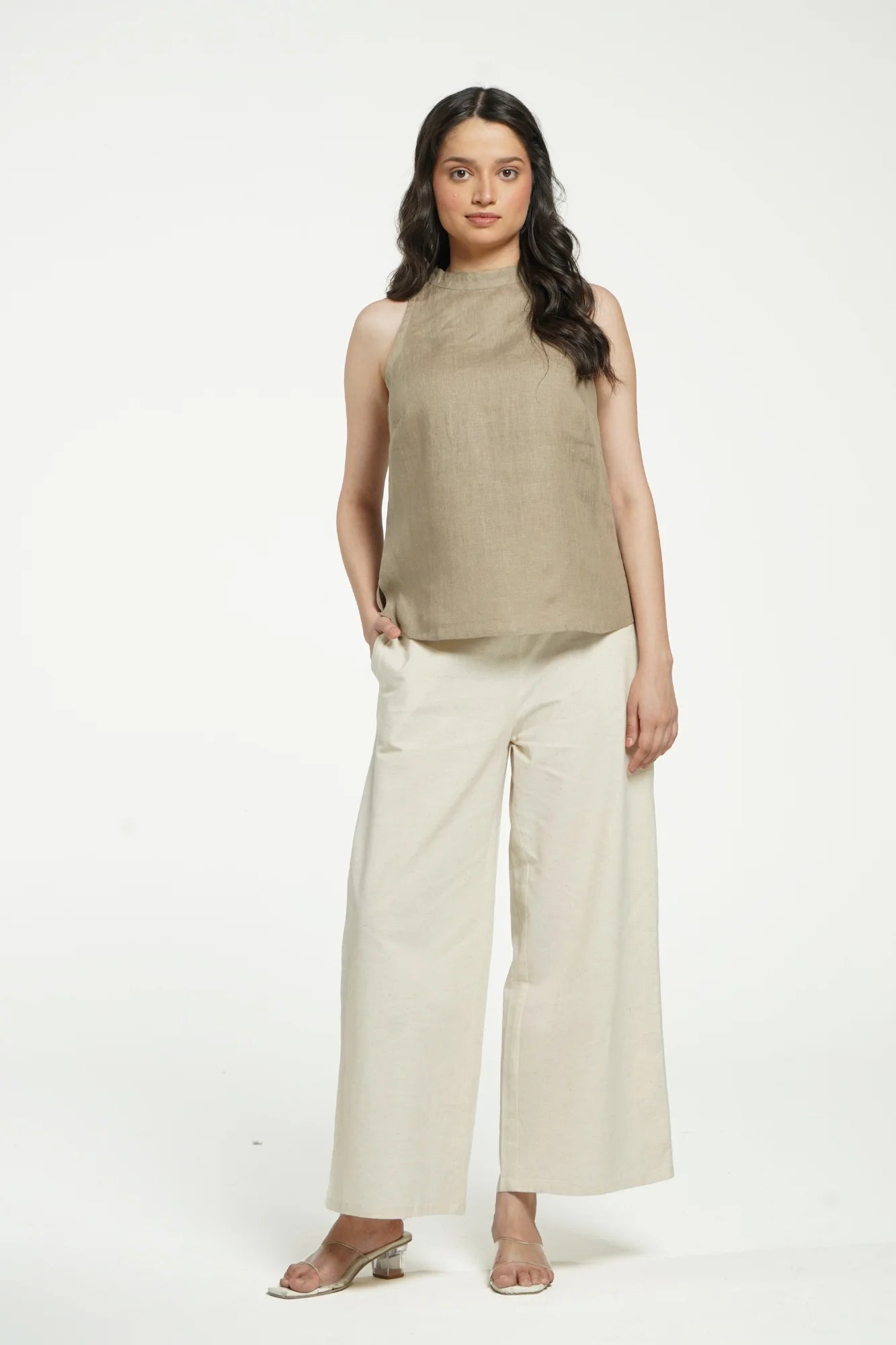 Women Khakhi Pure Linen Halter Neck Top