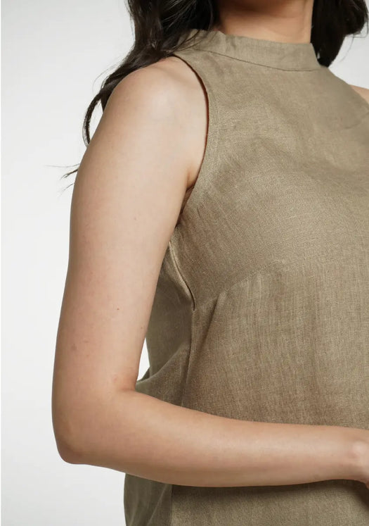 Women Khakhi Pure Linen Halter Neck Top