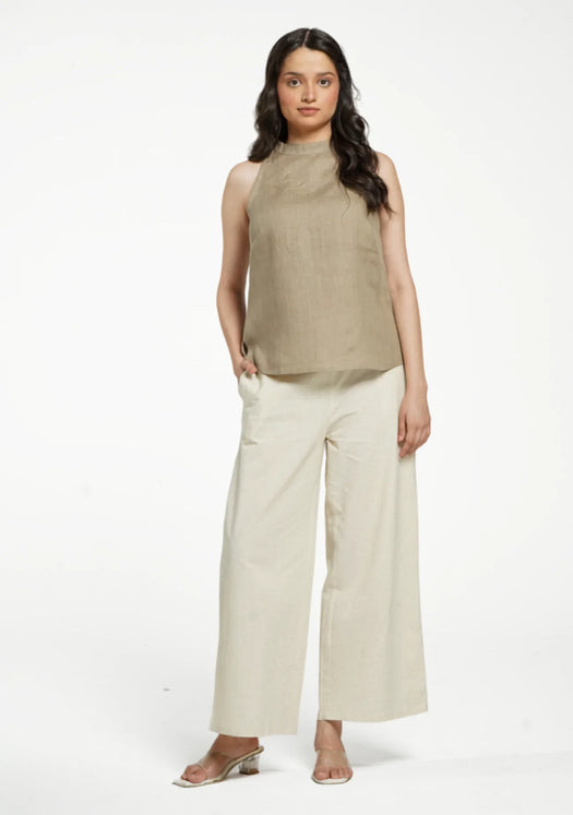 Women Khakhi Pure Linen Halter Neck Top