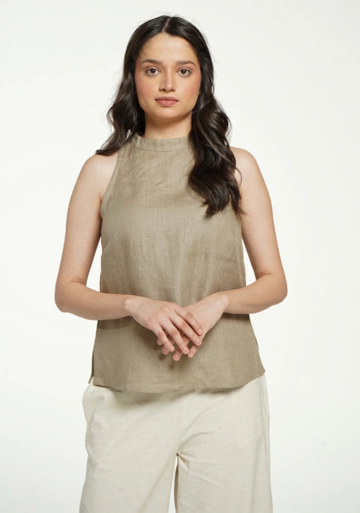 Women Khakhi Pure Linen Halter Neck Top