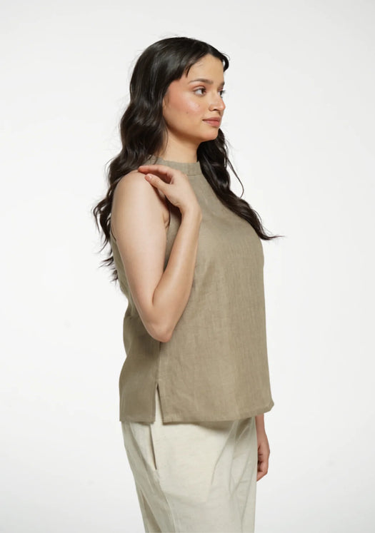 Women Khakhi Pure Linen Halter Neck Top