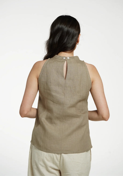 Women Khakhi Pure Linen Halter Neck Top