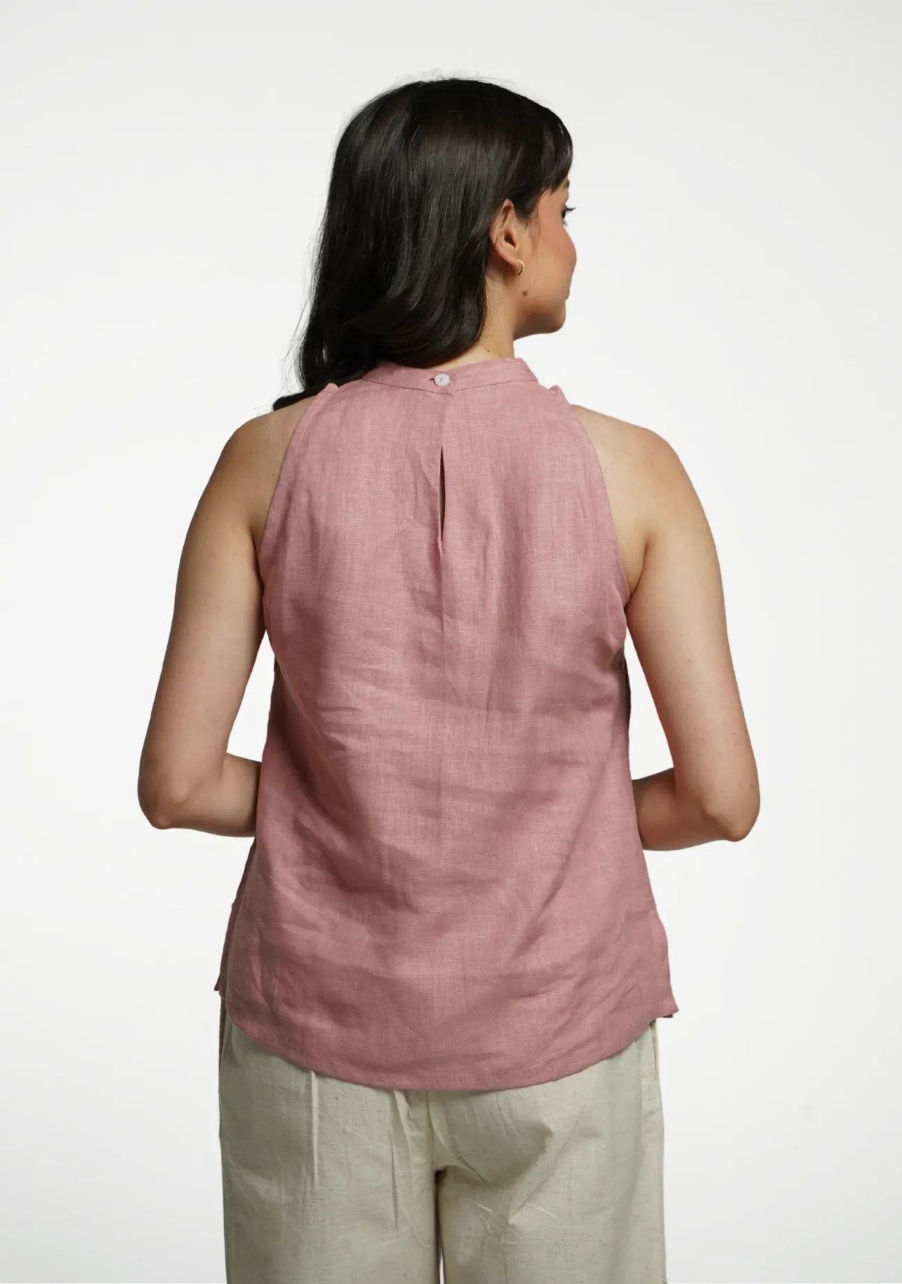 Women Rose Taupe Pure Linen Halter Neck Top