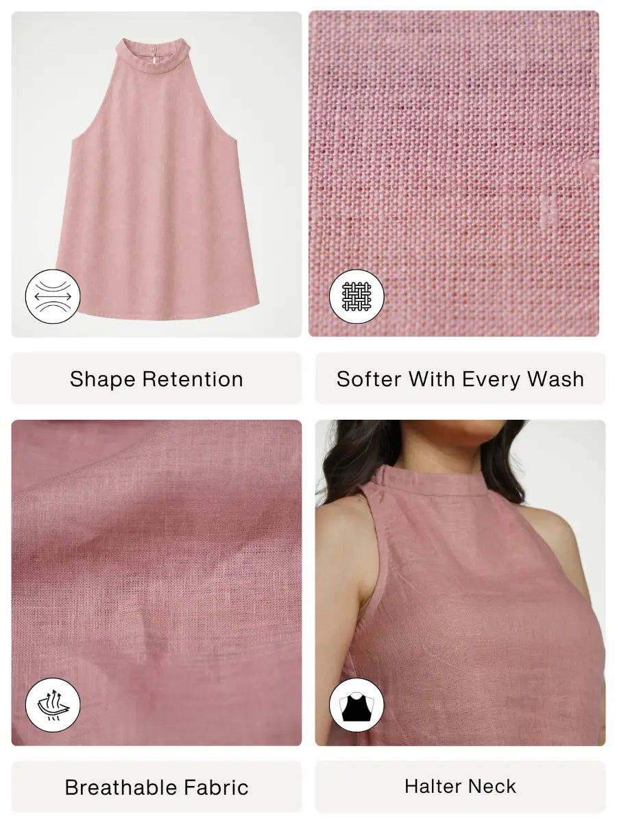 Women Rose Taupe Pure Linen Halter Neck Top
