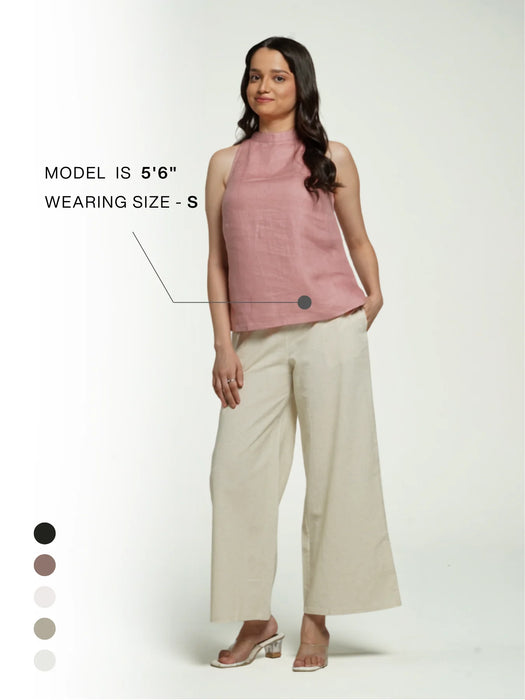 Women Rose Taupe Pure Linen Halter Neck Top