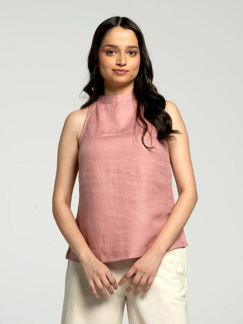 Women Rose Taupe Pure Linen Halter Neck Top