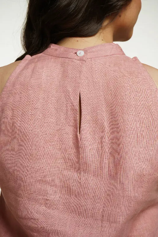 Women Rose Taupe Pure Linen Halter Neck Top