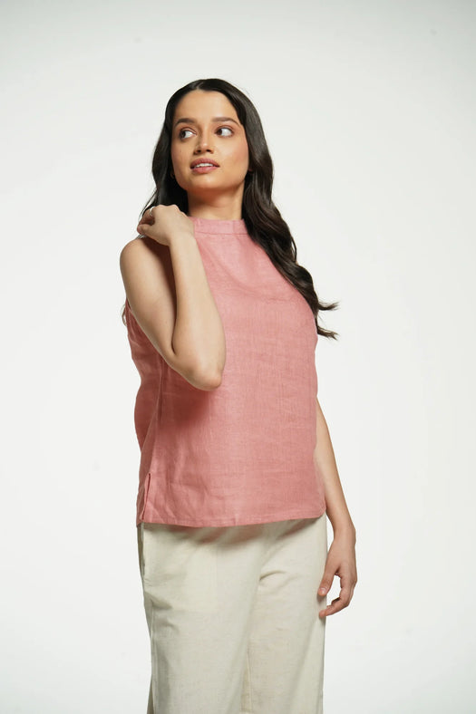 Women Rose Taupe Pure Linen Halter Neck Top