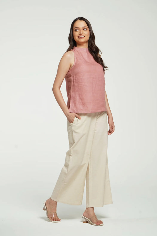 Women Rose Taupe Pure Linen Halter Neck Top