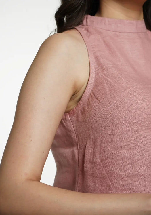 Women Rose Taupe Pure Linen Halter Neck Top