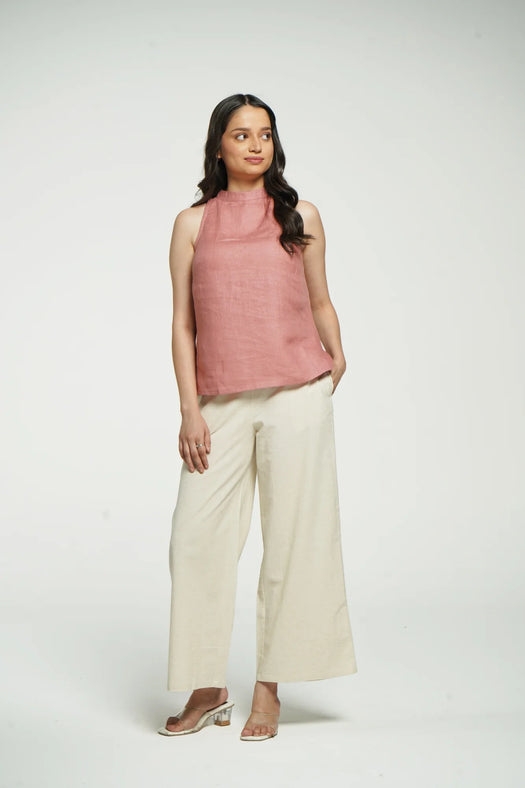 Women Rose Taupe Pure Linen Halter Neck Top