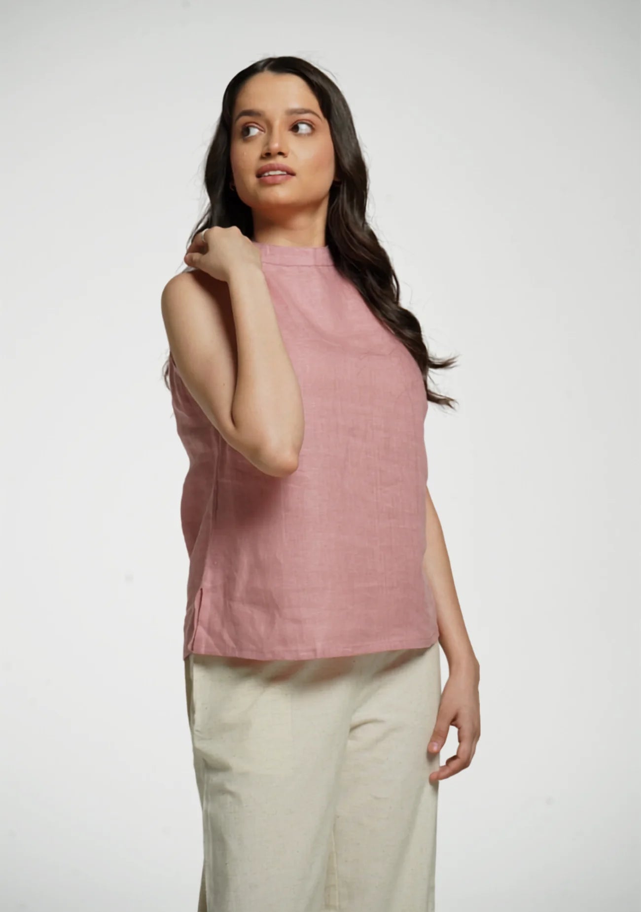 Women Rose Taupe Pure Linen Halter Neck Top