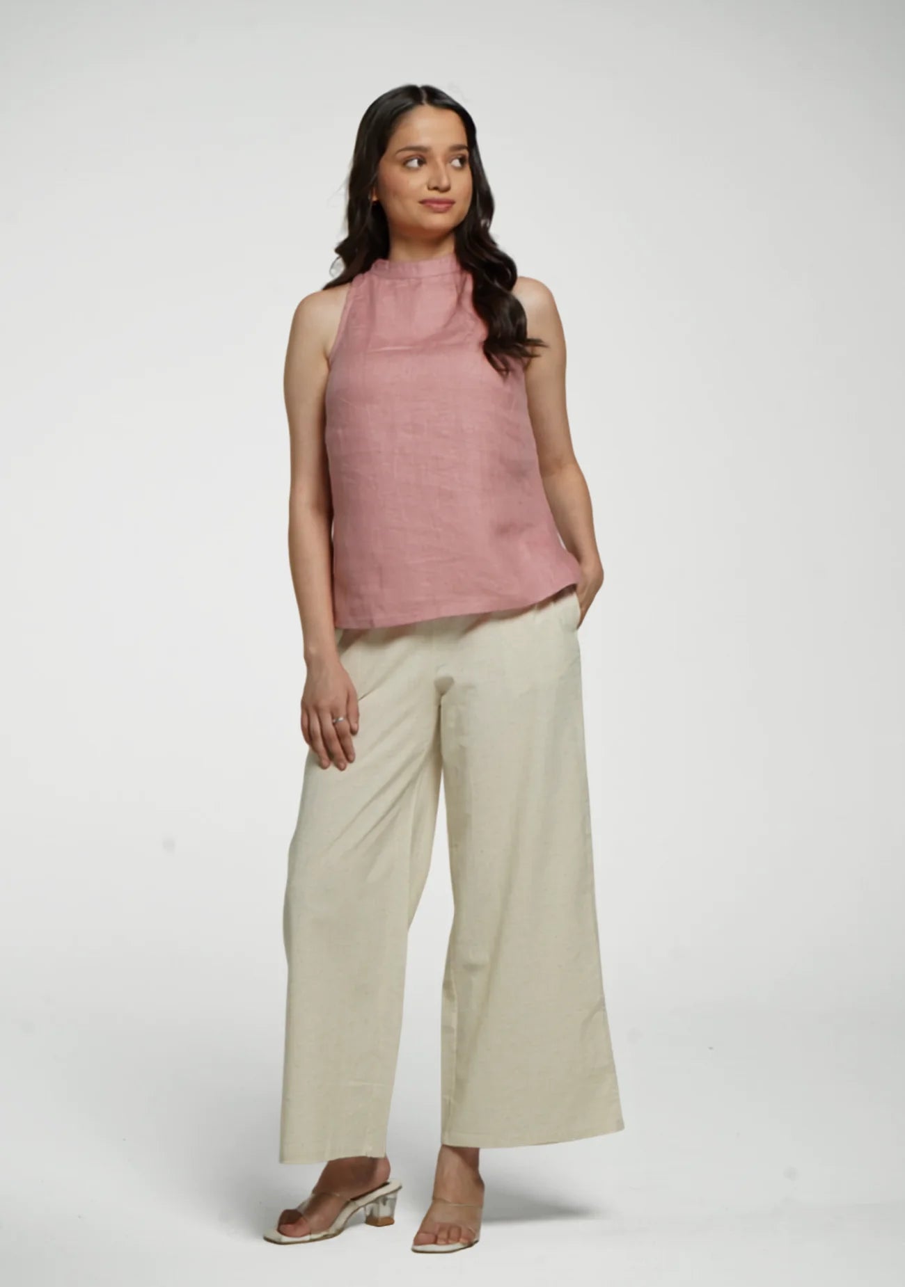 Women Rose Taupe Pure Linen Halter Neck Top
