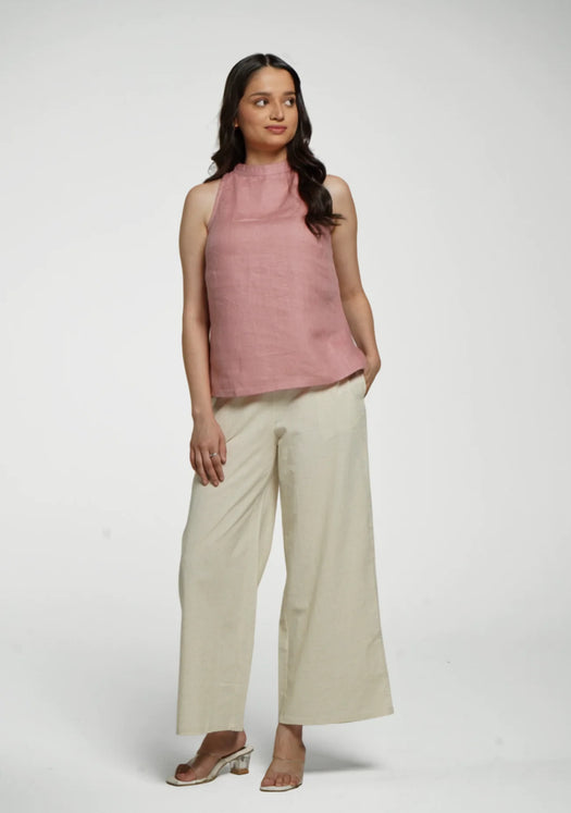 Women Rose Taupe Pure Linen Halter Neck Top