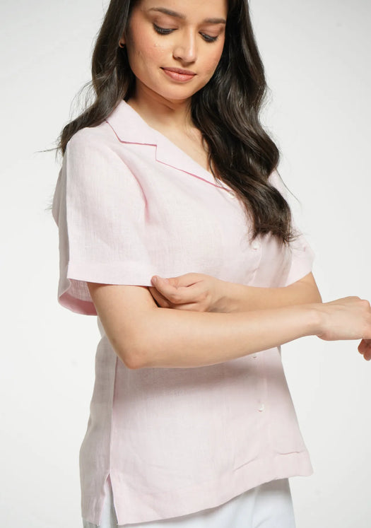 Women Blush Pink Pure Linen Notch Collar Shirt