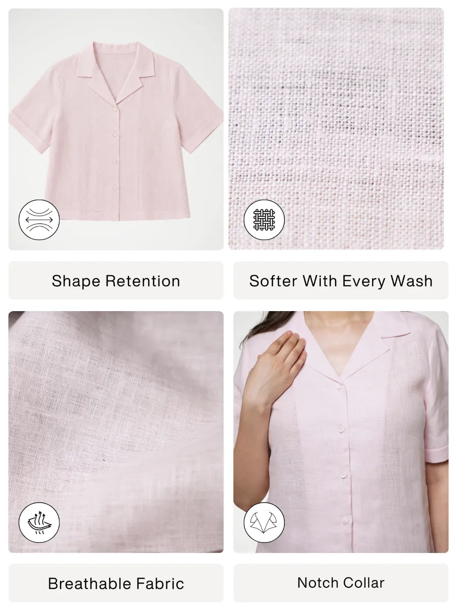 Women Blush Pink Pure Linen Notch Collar Shirt
