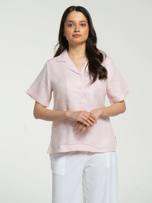 Women Blush Pink Pure Linen Notch Collar Shirt