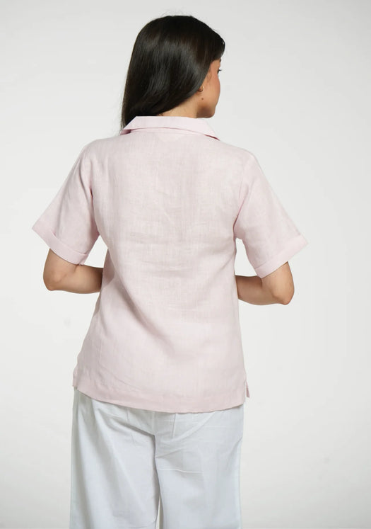 Women Blush Pink Pure Linen Notch Collar Shirt