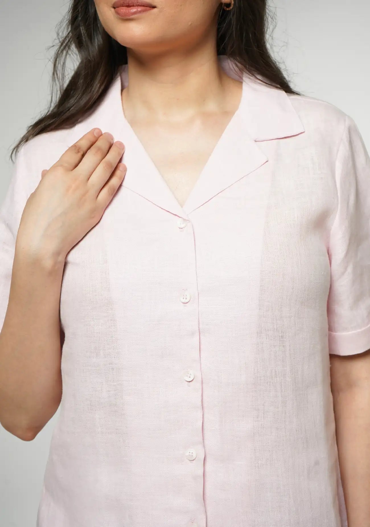 Women Blush Pink Pure Linen Notch Collar Shirt