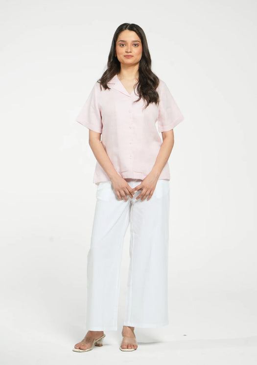 Women Blush Pink Pure Linen Notch Collar Shirt
