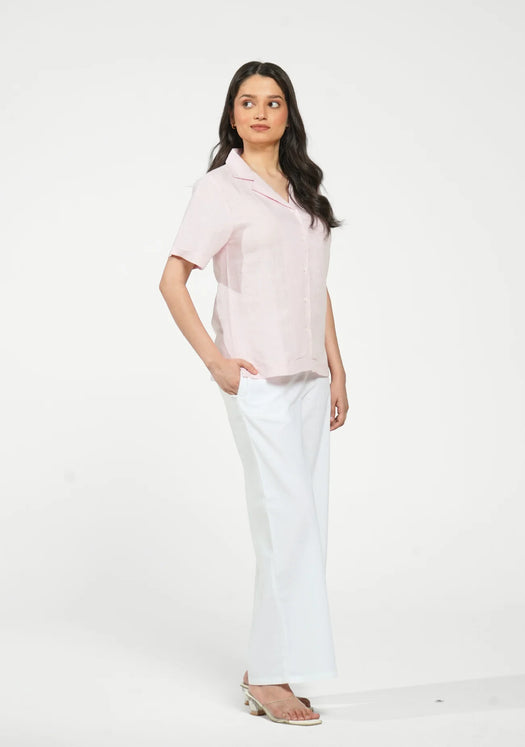 Women Blush Pink Pure Linen Notch Collar Shirt