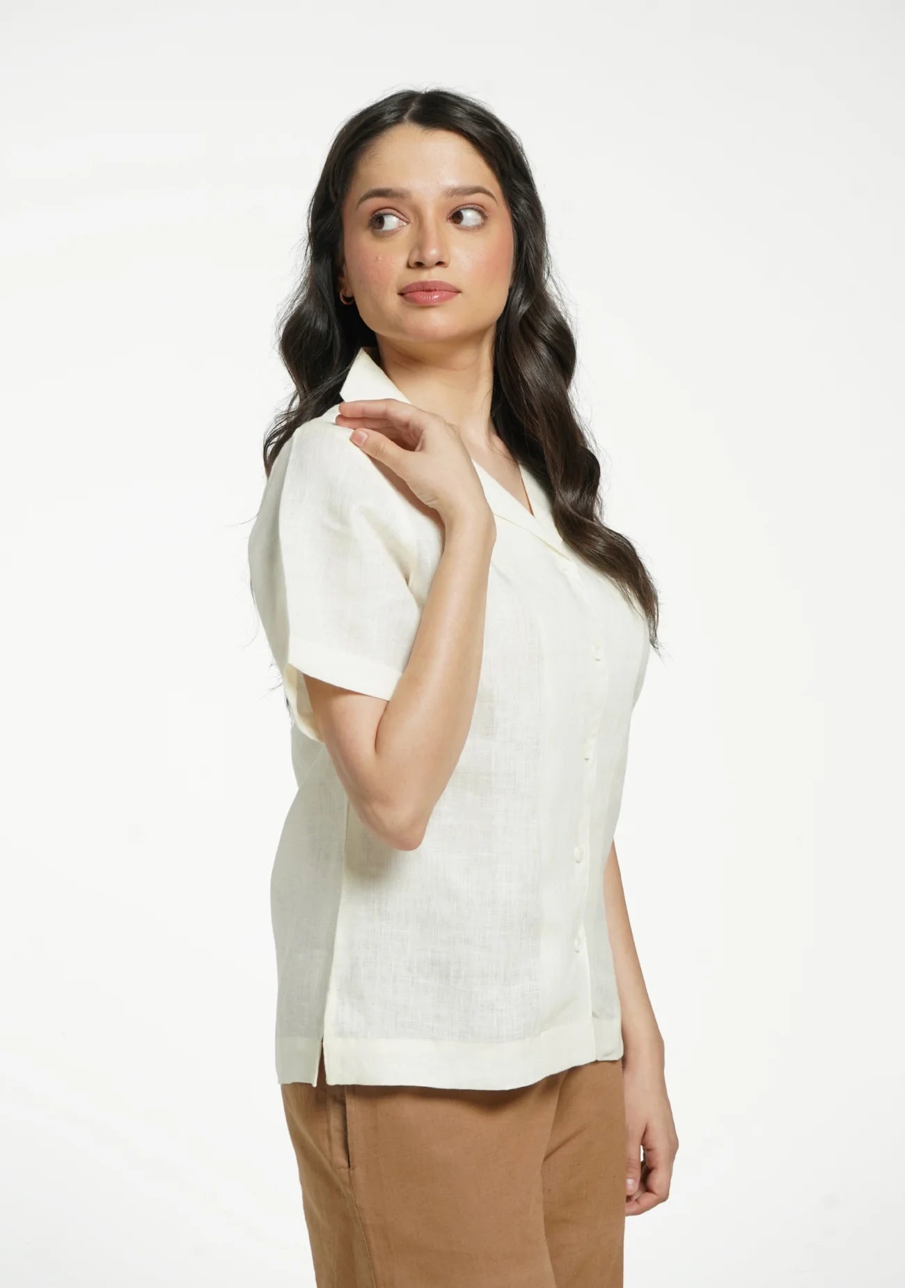 Women Cream Pure Linen Notch Collar Shirt